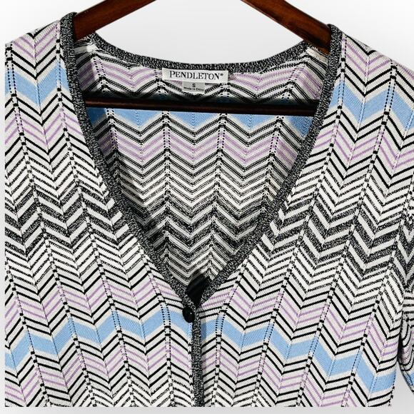 Pendleton Silk Cotton Chevron Knit Cardigan Gray Purple Blue V Neck Small - Picture 5 of 12